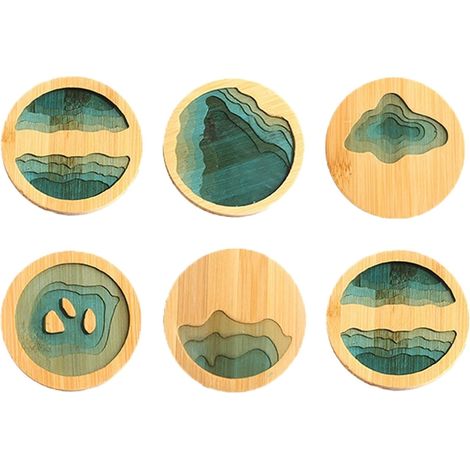 Lot de 6 dessous de verre en bambou - Plusieurs styles - Isolants - Rembourrés de table - Motif créatif en résine (1/5)