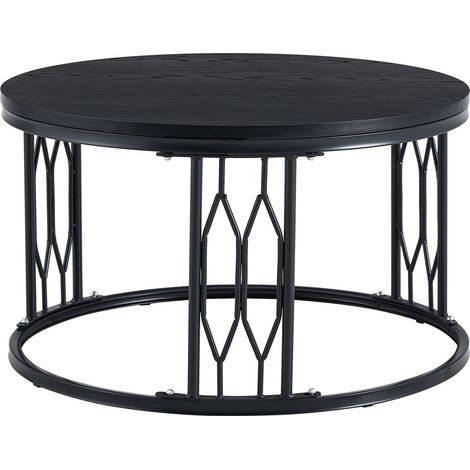 Table basse ronde en MDF effet bois avec structure métallique géométrique, 70x40,5 cm (1/5)