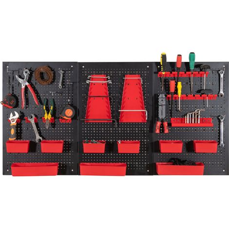 Organisateur Mural avec Panneau Perforé, Rangement à 9 Bacs avec Supports pour Marteaux, Porte-Outils et Crochets, pour Garage, Atelier (1/5)