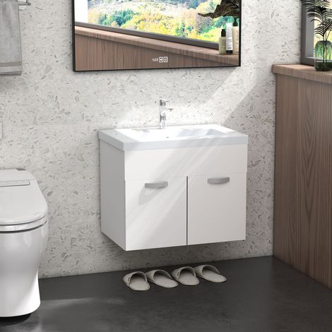 Meuble de salle de bain suspendu avec lavabo. Meuble à deux portes avec charnières à fermeture amortie. 61 x 40 x 50 cm. Blanc brillant.