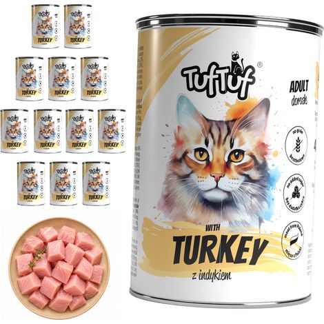 Comida húmeda para gatos TufTuf sabor pavo, lata de 12 x 400 g, carne en conserva.
