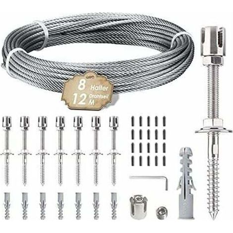 Support de plantes grimpantes. Kit de suspension en corde inox 12 m. Comprend câble 3 mm et 8 tendeurs. Convient jardins. murs béton. panneaux clôture. bois massif. (8 tendeurs de 12 m)