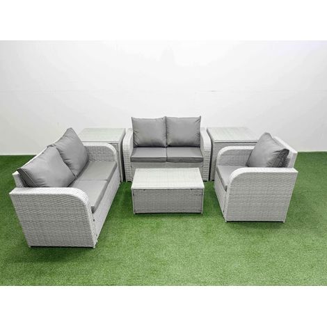 Fimous High Back Poly Rattan Garden Furniture Set with Reclining Chair Loveseat Sofa Rectangular Coffee Table Indoor Outdoor Patio  Set 2 Side Table Light Grey (1/4)