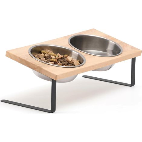 Gamelles surélevées pour Chats, Petit Chien incliné à 15° en Acier Inoxydable, Support de Bol surélevé en Bambou Massif pour Animaux de Compagnie
