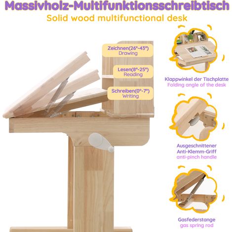Table enfant en bois massif réglable en hauteur, bureau pliable avec plateau inclinable 0°-43°, rangement intégré, certifié sécurité, pour enfants dès 6 ans (1/5)