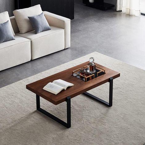 Minimalist rectangular coffee table with black metal frame and walnut top for home, office, living room, bedroom (110 cm) (1/5)