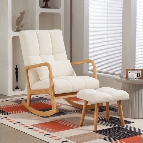Poltrona a dondolo 64.5x82x99 cm bianca in legno con pouf, schienale alto e rivestimento effetto fleece (1/5)