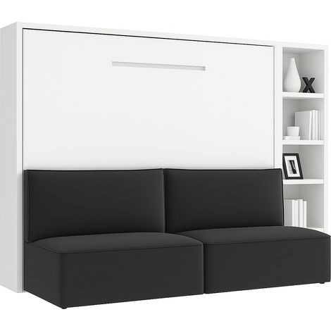 Lit escamotable 140x190 avec canapé tissu Logia-Canapé Gris foncé-Structure et Façade Blanche-Version lit+canapé+étagère (1/5)
