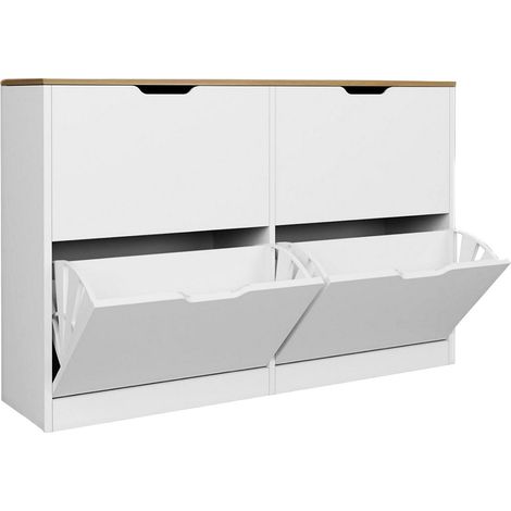 Scarpiera con 4 scomparti ribaltabili - Bianco e naturale - LOTULA