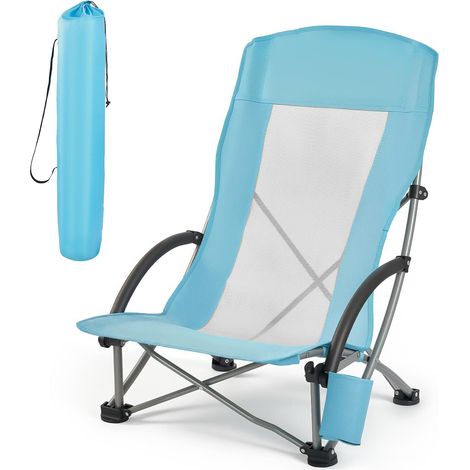 Chaise de plage pliante, siège large confort pour adulte, dossier haut, poche gobelet, dos filet, sac de transport, support renforcé 150 kg, extérieur camping, bleu clair (1/5)