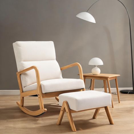 Fauteuil à bascule blanc cassé en tissu et bois 150 kg (1/5)