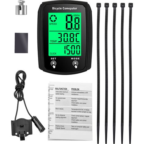 Compteur Vélo 19 Fonctions - Écran LCD Rétroéclairé, Boutons Tactiles, Étanche - Pour Vitesse, Distance, Calories, Horloge - Avec Capteur Filaire et Aimant - Noir (1/5)