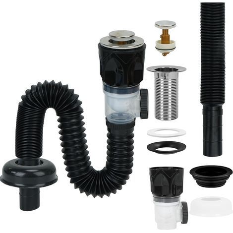 1 Kit Siphon Lavabo, Tuyau Rétractable 230-800mm, Bouchon Escamotable, Acier Inoxydable, Salle de Bain (1/5)