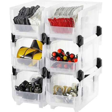 Bac à Bec Empilable Lot de 6 Bacs de Rangement Plastique, 37,7 x 21,5 x 18 cm, Boites de Rangement pour Atelier, Garage, Petites Pièces, Fournitures de Bureau et Autres Accessoires, Transparent (1/5)