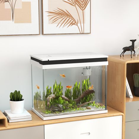 Aquarium en verre de 41 litres avec système de filtration, éclairage LED et pompe à eau, pour diverses espèces de poissons, blanc.
