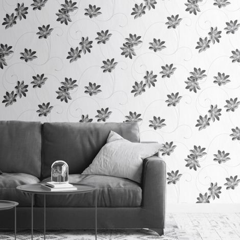Slate Glitter Floral Wallpaper Textured Metallic Black Flower Leaf Blown Vinyl (1/3)