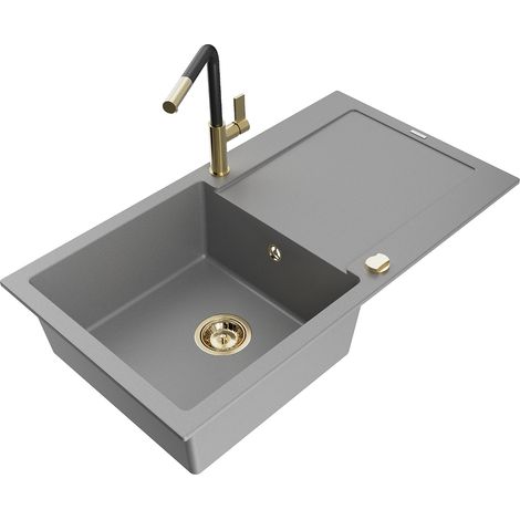 Mexen Leo évier en granit 1 bac avec égouttoir et robinet de cuisine Flora, gris - 6501-71-670401-57-G (1/5)
