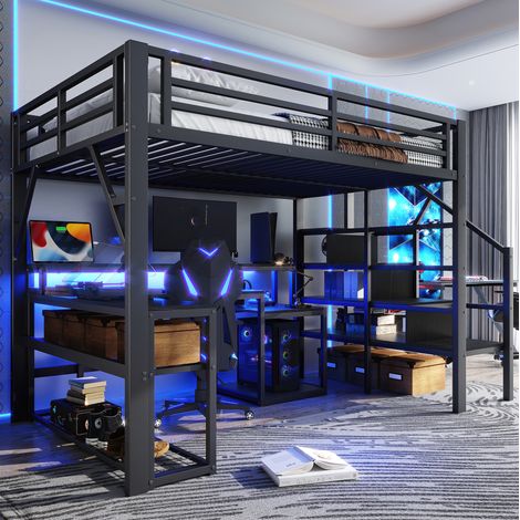 Lit mezzanine 140/200 cm noir en métal avec bureau, rangements et bande lumineuse (1/5)