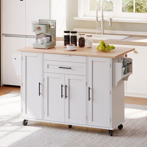 Îlot de cuisine mobile 136x70x92 cm blanc et naturel en MDF avec plateau extensible et rangements (1/5)