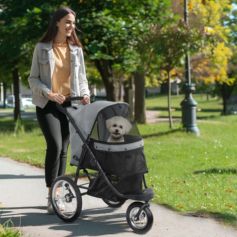 Poussette pliable pour chien avec panier de rangement, coussin lavable, roues en caoutchouc et capote réglable, grise (1/5)