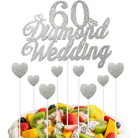 Lot de décorations de gâteau pour 60e anniversaire de mariage - Paillettes argentées - Pour 60e anniversaire de mariage - Fournitures de fête (1/5)