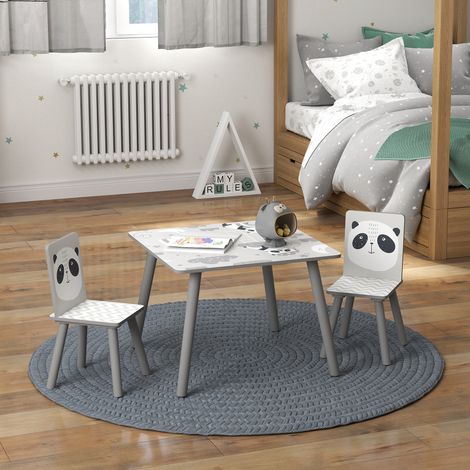 Kindertisch- und Stuhlset, Kindertisch mit 2 Stühlen, Tiermotiv fürs Schlafzimmer, grau