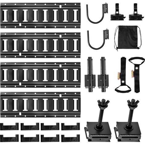 Kit Rails Arrimage E-Track, 4 Rails E Track 0,4 m, 2 Crochets U, 2 Porte-outils, 2 Supports d'Étagère, 2 Supports de Pneus, 2 Anneaux à Câbles, 8 Embouts, Sac, pour Fourgons, Remorques, Garages (1/5)