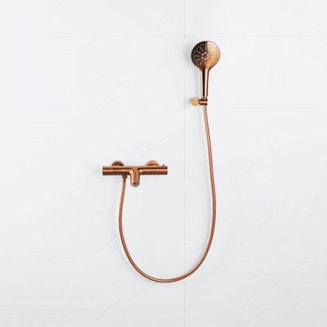 FugaFlow Eccelente Robinet de baignoire thermostatique avec douchette ronde, support de douchette et flexible de douche lisse Cuivre brossé PVD