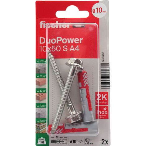Blister de 2 chevilles universelles Duopower Ø10 x 50 mm + vis inox A2 Ø7 x 69 mm - Fischer