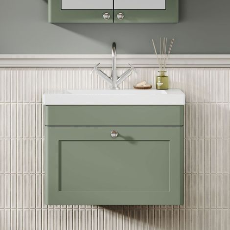 Nuie Classique Wall Hung 1-Drawer Vanity Unit with 1TH Contemporary Basin 600mm Wide - Satin Green (1/5)
