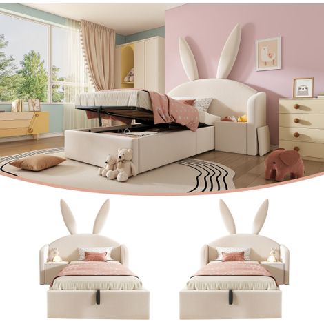 Cama juvenil de 90x200cm con cajón de almacenamiento hidráulico, cama tapizada con mesilla de noche y diseño de orejas de conejo, estructura de cama de tela de terciopelo, color beige (sin colchón). (1/5)