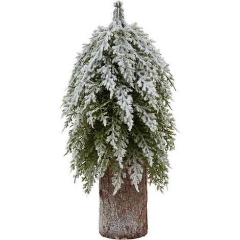 Small Snowy Fir Tree on Tall Wood Log - Plastic - Height 30 cm - Brown