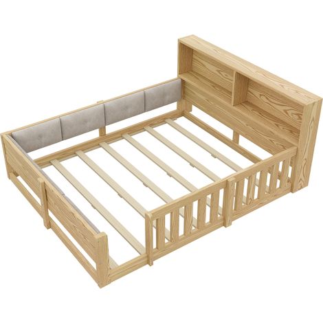 Cama infantil con barandillas 140 x 200 cm natural, laterales acolchados, luz LED y almacenaje (1/5)