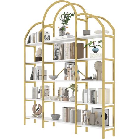 Bibliothèque-Étagère-5-Niveaux-Forme-Nuage-MDF-Acier-Tubulaire-Doré-Blanc-Facile-À-Monter-170x26x190cm (1/5)