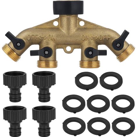 Séparateur de tuyau extérieur robuste Adaptateur de robinet de jardin Collecteur de tuyau d'eau Vanne d'arrêt / marche individuelle, robinet de séparateur de tuyau en laiton massif à 4 voies,