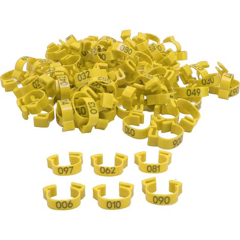 100PCS Chicken Leg Bands 20mm 001 to 100 Numbered Poultry Identification Leg Tags for Chicks Ducks Pigeons Goose Quail Yellow