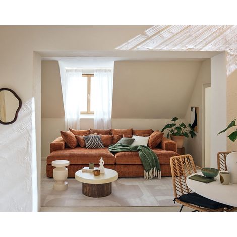 Lisa Design – Canapé droit 4 places avec double méridienne – Assise profonde en velours texturé – Couleur terracotta – Style contemporain (1/5)