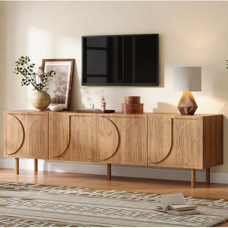 Mobile TV 180x38x56,5 cm per TV fino a 75 pollici, 4 ante e 2 nicchie, finitura legno naturale (1/5)