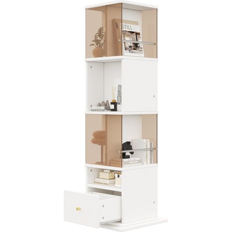 Vitrine pivotante 50 x 50 x 160 cm en verre de sécurité brun, MDF mélaminé, tiroir, plateau tournant, éclairage LED, pour salon, blanche et marron - CHICFURN (1/5)