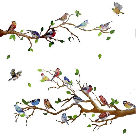 Sticker mural en vinyle « Petits oiseaux sur des branches » (86 x 86 cm), amovible et repositionnable, idéal pour la chambre, le bureau, la salle de classe ou le salon. (1/5)