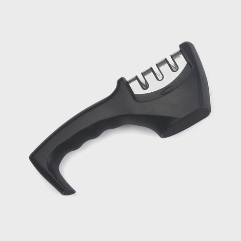 3-stufiger Küchenmesserschärfer, professionelles manuelles Schleifsystem, Keramikstein, Wolframkarbidplatten, Diamantstäbe, ergonomischer Griff, rutschfester Boden, elegantes Schwarz
