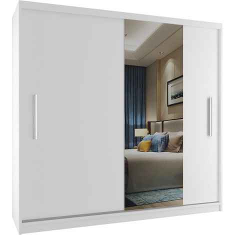 BELINI Grande Armoire 2 Portes Coulissantes VERONA MSE 200 cm - Miroir Intégré & Tringle - Chambre Adulte - Blanc Mat (1/5)