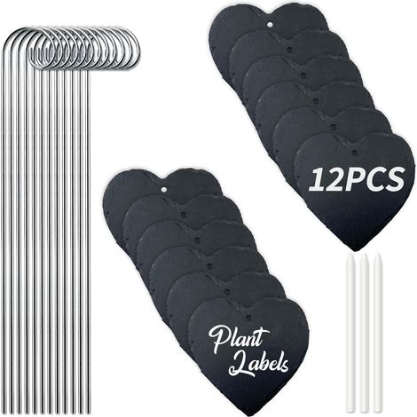 Lot de 12 Étiquettes Plantes Ardoise en Forme de Cœur avec Tige Métal, Imperméables Extérieur, Marqueurs Jardin Réutilisables avec Stylo Craie pour Herbes, Potager et Fleurs (1/5)