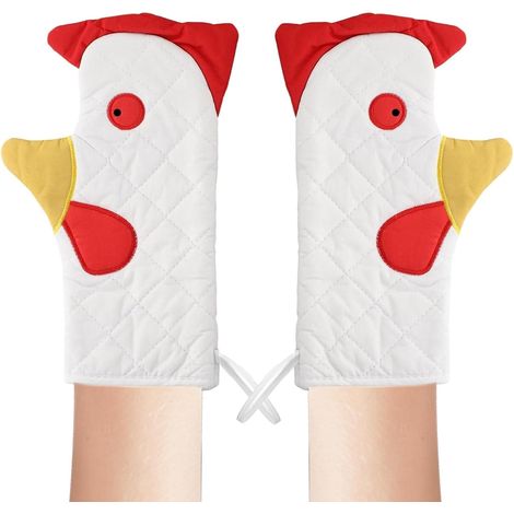 Par de guantes de cocina de doble capa, resistentes al calor, con estampado de gallo y correa, aptos para hornos y microondas.