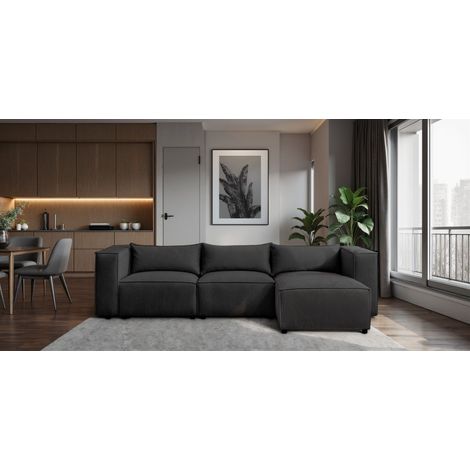 Ecksofa Designersofa NEVIO in Stoff Lincoln Schwarz Ottomane Rechts
