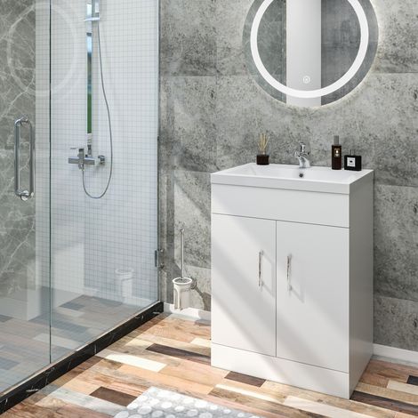 ELEGANT 595mm Vanity Sink Unit with Vitreous Basin, Floor Standing Vantiy Cabinet with Sink, White Matte Painted Bathroom Vanity Storage with 2 Shelves (1/5)