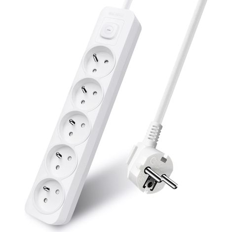 Multiprise 5 Prises 16A avec Interrupteur,Bloc 5 Prises,Rallonge 3m 250 V avec sécurité Enfant,Blanc (1/5)