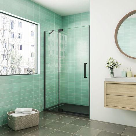 [PRODUIT D'OCCASION]AICA  porte de douche pivotante 80x195cm profilé noir 8mm verre anticalcaire installation en niche