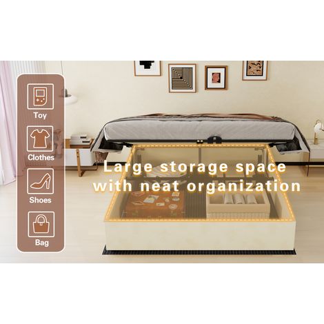 Lit coffre 160x200 cm en tissu et métal beige, vérins à gaz, gain de place, avec matelas – MEUBLIV (1/5)