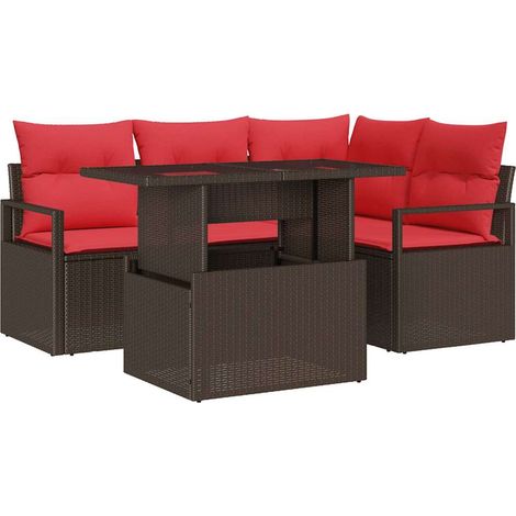 Garden Sofa Set with Storage 5 pcs Brown and Red Poly Rattan vidaXL